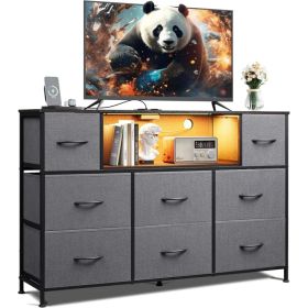 Dresser TV Stand For 45, 50, 55 Inch TV, Entertainment Center With LED Lights & Charging Station, Chest Of Drawers With 8 Fabric Drawers And Open Shel (Option: Grey)
