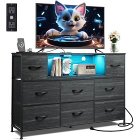 Dresser TV Stand For 45, 50, 55 Inch TV, Entertainment Center With LED Lights & Charging Station, Chest Of Drawers With 8 Fabric Drawers And Open Shel (Option: BlackWood)