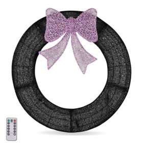 36in Pre-lit Outdoor Christmas Wreath Decoration, Lighted Metal Wreath With Purple Bow, Remote Control LED Lights With Timer, For Front Door Gate Wall (Option: Defaulttitle)