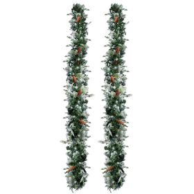 2 Pack 9FT Pre-lit Snow Flocked Christmas Garland, Lighted Artificial Xmas Garland With 200 Warm Lights And 440 Tips And Red Berries, For Front Door G (Option: Defaulttitle)