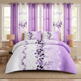 9-Piece Purple Floral Quilt and Curtain Set, Reversible Microfiber Bedspread with 2 Pillow Shams and 6 Window Curtains, Twin, Queen, King and Californ (Option: Twin)