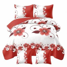 5 Piece Duvet Cover Set, Red And White Floral Bedding, Botanical Comforter Cover, Reversible High Gsm Bed Linen, Matching Pillow Shams, Throw Pillow C (Option: Queen)