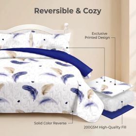 3-Piece White Gold And Blue Feather Quilted Bedspread Set For King And California King (Option: California King)