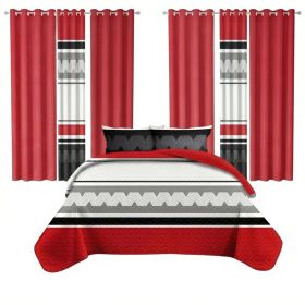 9 Piece Room In A Bag Quilt And Curtain Set, US Designer Red And Black Geometric Chevron Heavyweight Bedspread With 6 Customizable Window Panels, Pet- (Option: Twin)