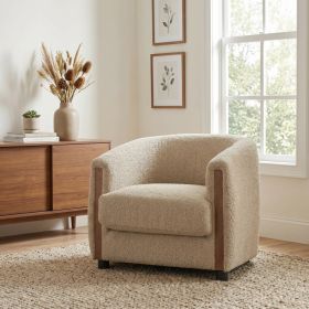 31.8" Modern Curved Barrel Accent Chair with Vertical Solid Wood Side Panels, Plush Textured Teddy Fleece Upholstered Armchair, Removable Seat Cushion (Option: Oatmeal)