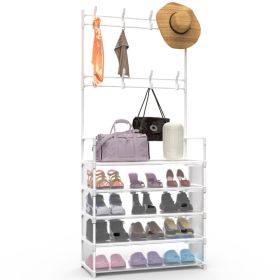 1Pc 5Tier Dustproof Entryway Hall Tree Coat Rack Shoe Rack With 8 Removable Hooks Freestanding Shoe Storage Shelf Hat Clothes Organizer For Front Door (Option: White)