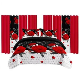 9 Piece Room In A Bag Quilt And Curtain Set, US Designer Romantic Red Rose Print Heavyweight Bedspread With 6 Customizable Window Panels, Pet-Friendly (Option: Twin)