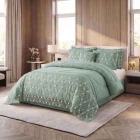 3-Piece Lace Embroidered Comforter Set with 2 Pillow Shams, Elegant Floral Bedding for Queen, King and California King Beds (Option: Green-Queen)