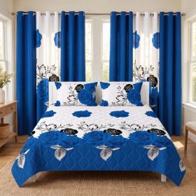 9-Piece Blue Rose Quilted Bedspread Set With 6 Window Curtain Panels And 2 Pillow Shams, Soft Microfiber Room Makeover Bedding Set (Option: TwinXL)