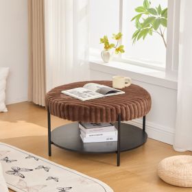 30.9"Wide Upholstered Round Ottoman Coffee Table Foot Rest with Black Metal Legs, Footstool with Wooden Open Storage Shelf,Faux Fur Footstool for Livi (Option: Brown)