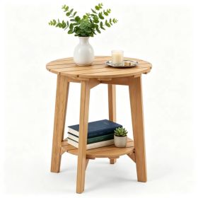2-Tier Eucalyptus Wood Patio Side Table, Rustic Slatted Outdoor End Table with Bottom Storage Shelf, Stable Reinforced Small Bistro Table for Garden B (Option: default title)
