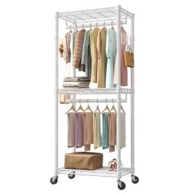 29.5-45-inch Rolling Clothes Rack With Adjustable Metal Shelves And Heavy-duty Hangers With Side Hooks,ideal For Homes And Laundry Rooms (Option: White29.5IN)