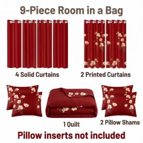 9-Piece Red Floral Quilt and Curtain Set, Reversible Microfiber Bedspread with 2 Pillow Shams and 6 Window Curtains, Queen, King and California King (Option: Queen)