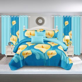 9-Piece Blue And Yellow Floral Quilted Bedspread Set With 6 Curtains And Pillowcases, Microfiber Bedroom Decor (Option: Queen)