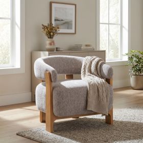 28.7" Mid-Century Modern Boucle Accent Chair with Solid Wood Frame, Curved Arm Barrel Chair, Upholstered Teddy Fleece Lounge Chair for Living Room, Be (Option: Almond,Natural)