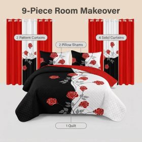 9-Piece Black and White Red Floral Quilt and Curtain Set, Reversible Microfiber Bedspread with 2 Pillow Shams and 6 Window Curtains, Queen, King and C (Option: King)