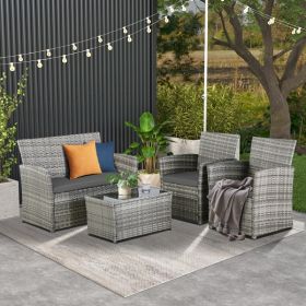 4-Piece Patio Furniture Set - Rattan Outdoor Conversation Bistro Set W-Cushions, Glass Coffee Table, Wicker Chairs & Loveseat For Garden Backyard Porc (Option: Grey Grey)