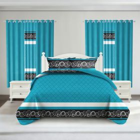 9-Piece Blue And Black Boho Quilted Bedspread Set With 6 Curtains And Pillowcases, Microfiber Bedroom Decor (Option: Queen)