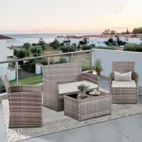 4-Piece Patio Furniture Set - Rattan Outdoor Conversation Bistro Set W-Cushions, Glass Coffee Table, Wicker Chairs & Loveseat For Garden Backyard Porc (Option: Grey Beige)
