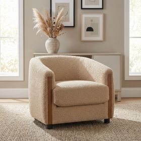 31.8" Modern Curved Barrel Accent Chair with Vertical Solid Wood Side Panels, Plush Textured Teddy Fleece Upholstered Armchair, Removable Seat Cushion (Option: Light Brown)