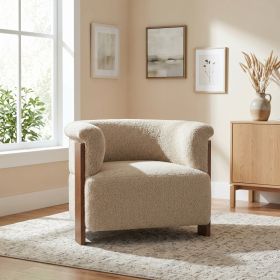 31.7" Mid-Century Curved Barrel Accent Chair with Vertical Solid Wood Legs, Soft Textured Teddy Fleece Upholstered Armchair, Modern Curved Wrap Around (Option: Brown)