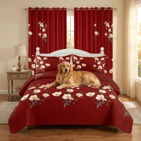 9-Piece Red Floral Quilt and Curtain Set, Reversible Microfiber Bedspread with 2 Pillow Shams and 6 Window Curtains, Queen, King and California King (Option: California King)