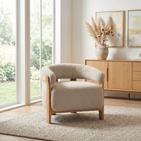 28.7" Mid-Century Modern Boucle Accent Chair with Solid Wood Frame, Curved Arm Barrel Chair, Upholstered Teddy Fleece Lounge Chair for Living Room, Be (Option: Light Taupe,Natural)
