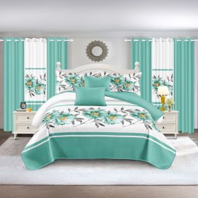 Quilted Bedspread & Curtain Set 9 Piece, Queen Size - Bedding Ensemble with Sheer Filtering Drapes, 1.6" Grommet Top, Machine Washable (Color: green rose, size: QUEEN)