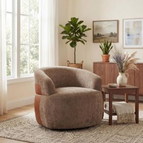 360Â° Swivel Accent Armchair, 32.8" Modern Round Barrel Chair, Fully Assembled, Polyester Fabric with PU Leather Accent, Cozy Soft Padded Swivel Chair (Option: Brown)