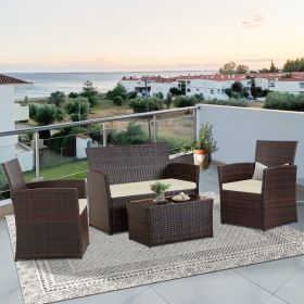 4-Piece Patio Furniture Set - Rattan Outdoor Conversation Bistro Set W-Cushions, Glass Coffee Table, Wicker Chairs & Loveseat For Garden Backyard Porc (Option: Brown Beige)