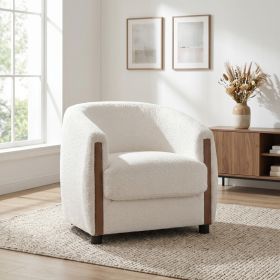 31.8" Modern Curved Barrel Accent Chair with Vertical Solid Wood Side Panels, Plush Textured Teddy Fleece Upholstered Armchair, Removable Seat Cushion (Option: Beige)