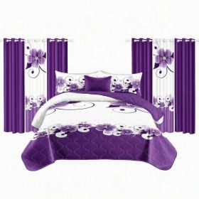 9-Piece Purple And White Gardenia Bedspread And Curtain Set, Reversible Microfiber Bedding Set For King And California King (Option: California King)