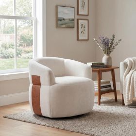 360Â° Swivel Accent Armchair, 32.8" Modern Round Barrel Chair, Fully Assembled, Polyester Fabric with PU Leather Accent, Cozy Soft Padded Swivel Chair (Option: White)