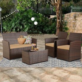 4-Piece Patio Furniture Set - Rattan Outdoor Conversation Bistro Set W-Cushions, Glass Coffee Table, Wicker Chairs & Loveseat For Garden Backyard Porc (Option: Brown  Brown)