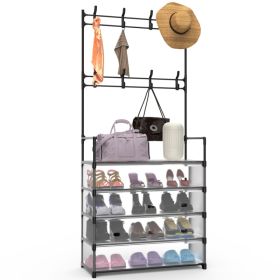 1Pc 5Tier Dustproof Entryway Hall Tree Coat Rack Shoe Rack With 8 Removable Hooks Freestanding Shoe Storage Shelf Hat Clothes Organizer For Front Door (Option: Black)