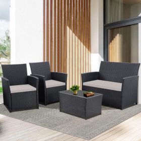 4-Piece Patio Furniture Set - Rattan Outdoor Conversation Bistro Set W-Cushions, Glass Coffee Table, Wicker Chairs & Loveseat For Garden Backyard Porc (Option: Black Grey)